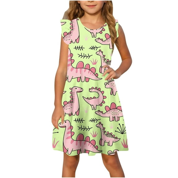 Hrsba Kids Summer Dress,Toddler Girls Dress Summer Ruffle Sleeve Sundress Outfit For Kids 4-14T,Casual Sleeveless Dress for Girls,Green ,13 Years