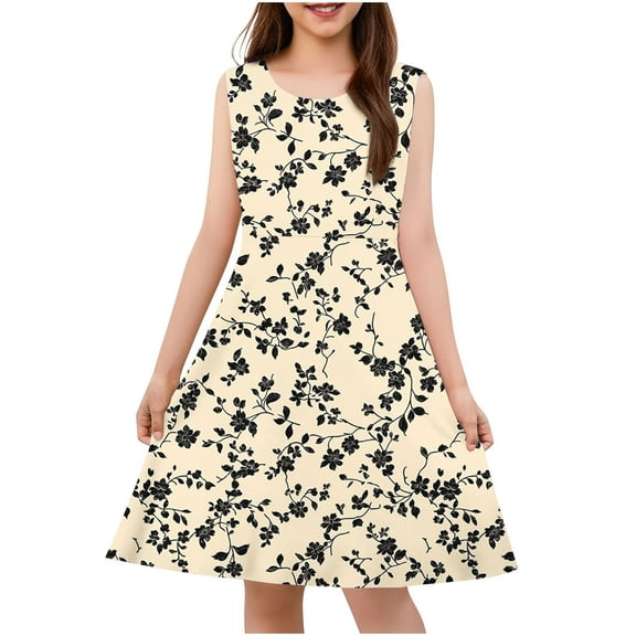 Hrsba Kids Summer Dress,Casual Sleeveless Dress for Girls,Toddler Kids Girls Cute Flower Print Stretchy Camisole Sleeveless Dress A Line Dress