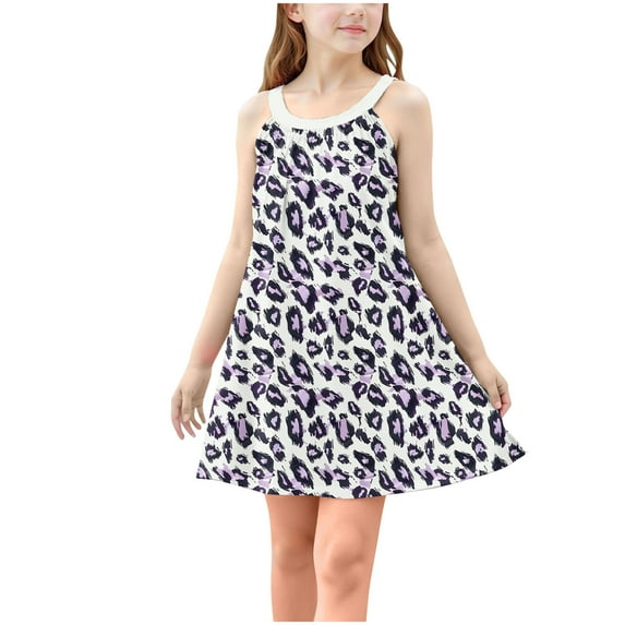 Hrsba Kids Summer Dress,Casual Sleeveless Dress for Girls,Toddler Kids Girls Cute Leopard Sleeveless Camisole Dress A Line Suspenders Wrinkle Dress