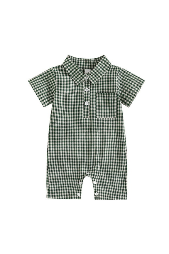 Kids Winter Casual Jumpsuit Rompers, KidsRompers For 0-12 Month Boys Stylish Casual Short Sleeve Collared Romper With Pocket And Plaid Print
