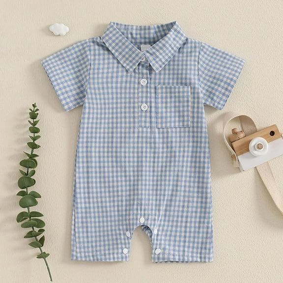 Hrsba Kids Casual Jumpsuit Rompers, KidsRompers For 0-12 Month Boys Stylish Casual Short Sleeve Collared Romper With Pocket And Plaid Print