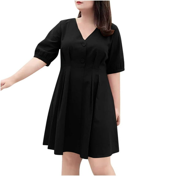 Hrsba Knee-High Casual Dress For Women, Dress for Women Solid Color V-Neck Short Sleeve Fall Dresses for Women Casual Loose Knee-Length Flowy Dress Suitable for Daily Wear