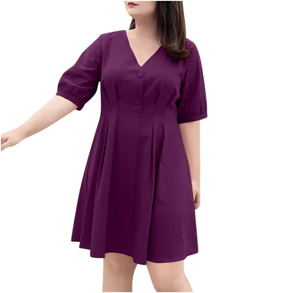 Hrsba Knee-High Casual Dress For Women, Dress for Women Solid Color V-Neck Short Sleeve Fall Dresses for Women Casual Loose Knee-Length Flowy Dress Suitable for Daily Wear