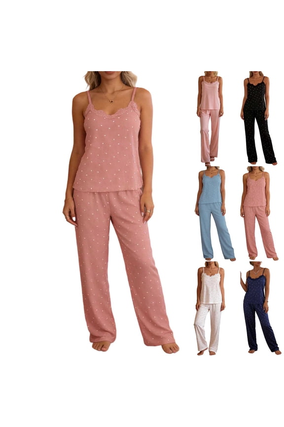 Lace Pajama Set Print Lace Splice Sleeveless Tank Top and Long Pants 2 Piece Breathable Casual Daily Home Loungewear