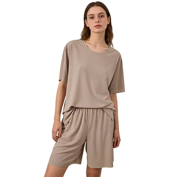 Hrsba Ladies Pajamas Set,Solid Color Crew Neck Short Sleeve Relaxed Summer Sleepwear