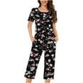 thumbnail image 1 of Hrsba Ladies Pajamas Set,Summer Fashion Print Crew Neck Button Up 3/4 Length Pants Set, 1 of 5