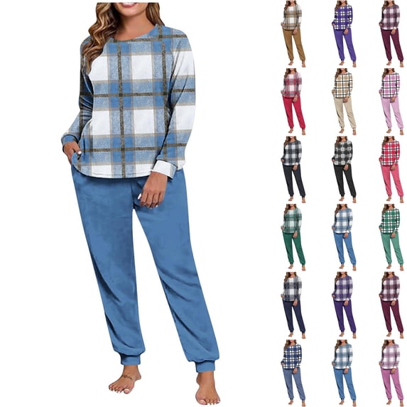 Hrsba Pajamas for Women Set,Print Raglan Long Sleeve Crew Neck Top and Cuffed Long Pants Women's Sleepwear Sets