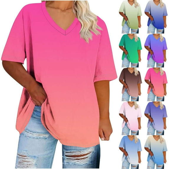 Hrsba Ladies Plus Size Summer Tops Gradient Color V Neck Short Sleeve Basic Tee Shirt Casual Womens Top