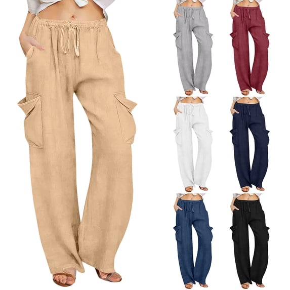 Hrsba Linen Cargo Pants Women High Waisted Elastic Drawstring Waist Loose Solid Color Long Pants With Pockets