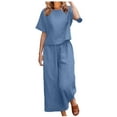 thumbnail image 1 of Hrsba Linen Set for Women 2 Piece,Solid Color Short Sleeve Crew Neck Top and Pants Breathable Summer Casual Matching Set, 1 of 5