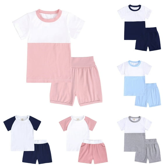 Hrsba Little Girls Contrast Color Short Sleeve Top and Shorts 2 Piece Outfit Soft Material for Comfortable Daily Summer Wear