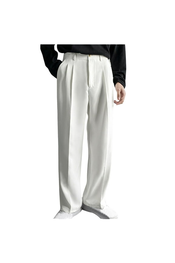 Long Pants for Men,Solid Color Straight Leg Loose Wide Leg Floor Length Long Pants Summer Casual White