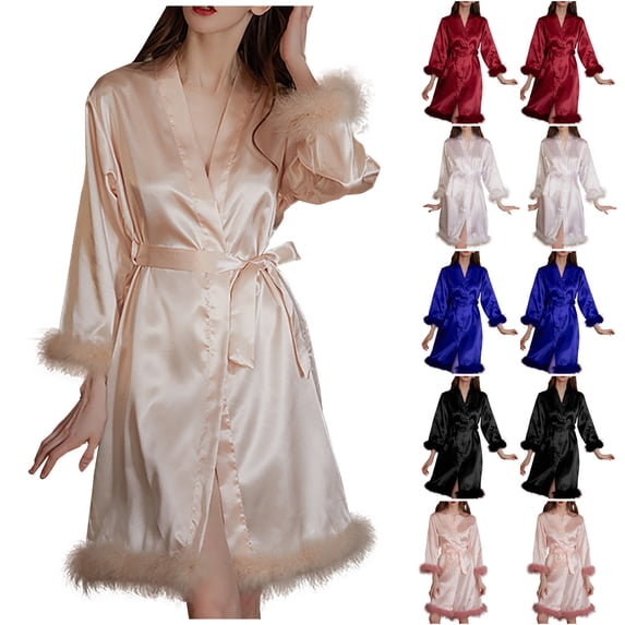Hrsba Long Satin Robe for Women,Solid Color Style 9/10 Sleeve Fall Bathrobe