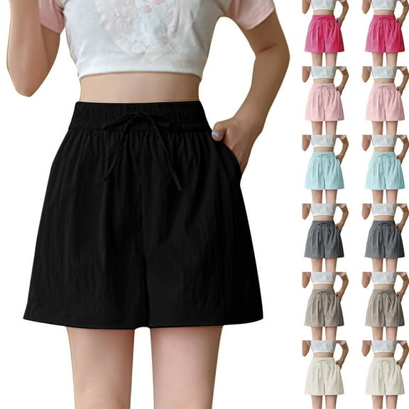 Hrsba Long Shorts for Women Soft Fabric Elastic Waist Drawstring Side Pockets Summer Leisure Activities Bottoms