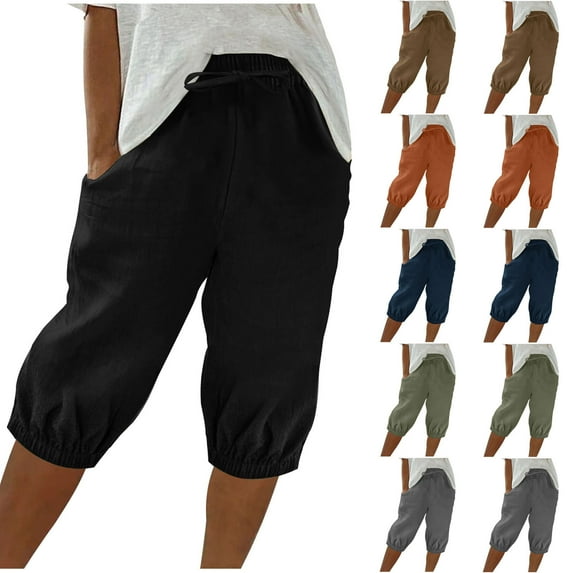 Hrsba Long Shorts for Women, Women's Summer Solid Color Linen Drawstring Elastic Waist Shorts with Pockets