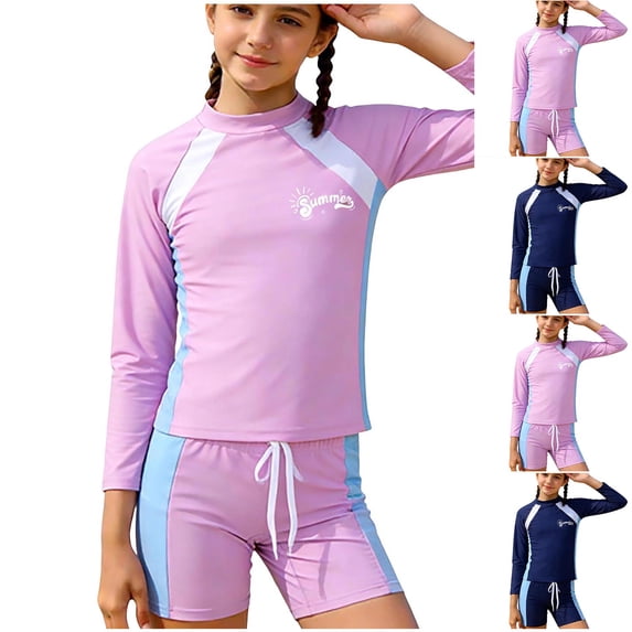 Hrsba Long Sleeve Swimsuit Girls 2 Piece Swimwear with Shorts for Surfing