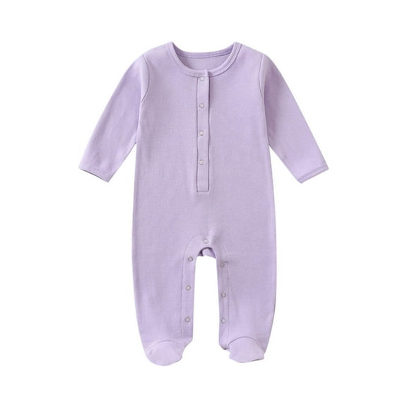 Hrsba Long Sleeved Long Crawling Clothes KidsRompers Solid Color Crew Neck Footed 3-18 Months Sleepwear Air Conditioner Pajamas Loungewear