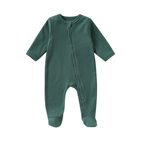Hrsba Long Sleeved Long Crawling Clothes KidsRompers Solid Color Crew Neck Footed With Zipper 3-18 Months Sleepwear Air Conditioner Pajamas Loungewear