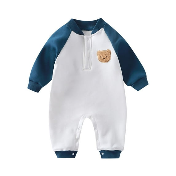 Hrsba Long Sleeved Long Crawling Clothes KidsRompers Solid Color Fleece Lined Romper Color Block 0-18 Months Sleepwear Loungewear Air Conditioner Pajamas