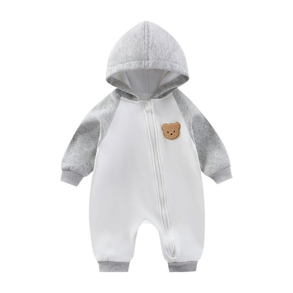 Hrsba Long Sleeved Long Crawling Clothes KidsRompers Solid Color Hooded Fleece Lined Romper With Zipper Color Block 0-18 Months Sleepwear Loungewear Air Conditioner Pajamas