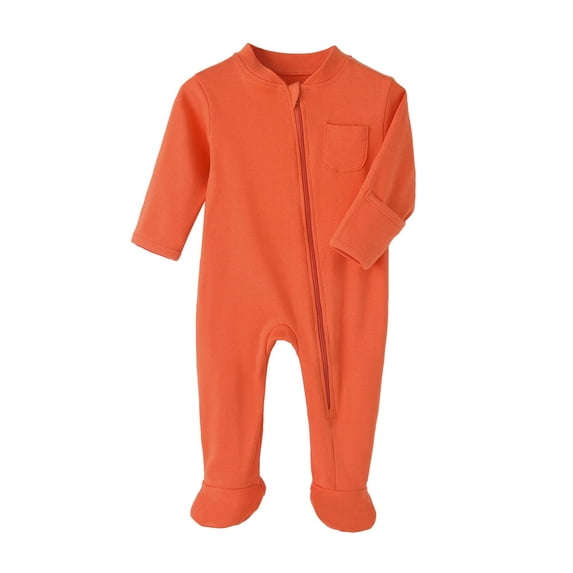 Hrsba Long Sleeved Long Crawling Clothes Rompers For Boys Girls Solid Color Crew Neck Footed With Pocket Zipper 3-18 Months Sleepwear Loungewear Air Conditioner Pajamas