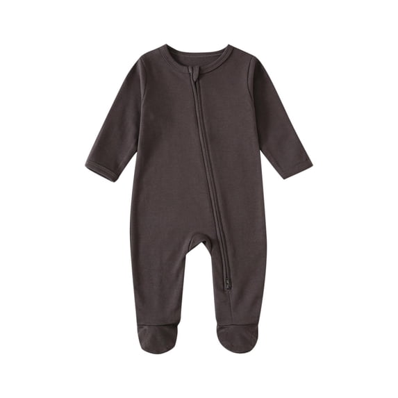 Hrsba Long Sleeved Long Crawling Clothes Rompers For Boys Girls Solid Color Crew Neck Footed With Zipper 3-18 Months Sleepwear Loungewear Air Conditioner Pajamas