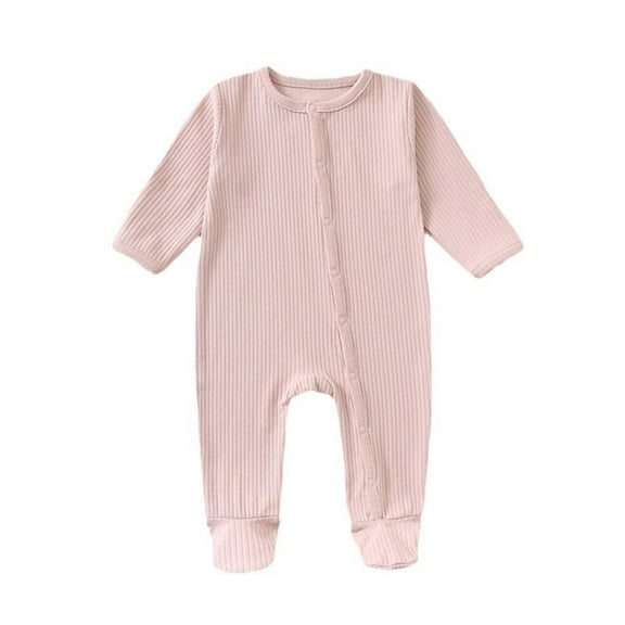 Hrsba Long Sleeved Long Crawling Clothes Rompers For Boys Girls Solid Color Crew Neck Footed 3-18 Months Sleepwear Loungewear Air Conditioner Pajamas