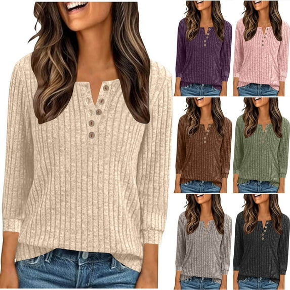 Hrsba Long Sleeved Round Neck Top Shirt Solid Color Ribbed Brushed Knit Loose Sweater 7-Sleeve Top with Buttons for Women Fall Winter