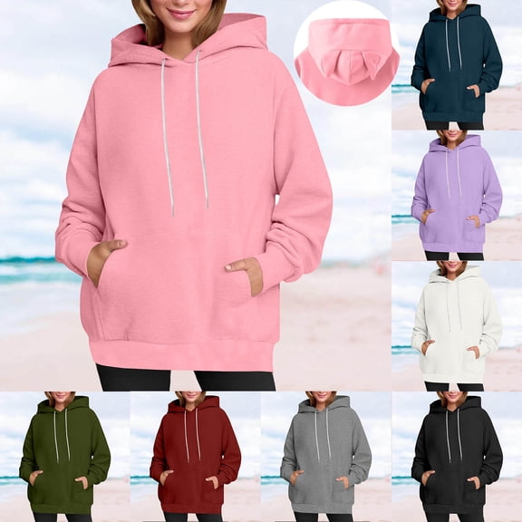 Hrsba Long Sleeved Round Neck Top Shirt Womens Casual Long Sleeve Sweatshirt Solid Color Loose Hooded Sweatshirt for Womens Fall Winter Casual Outfits