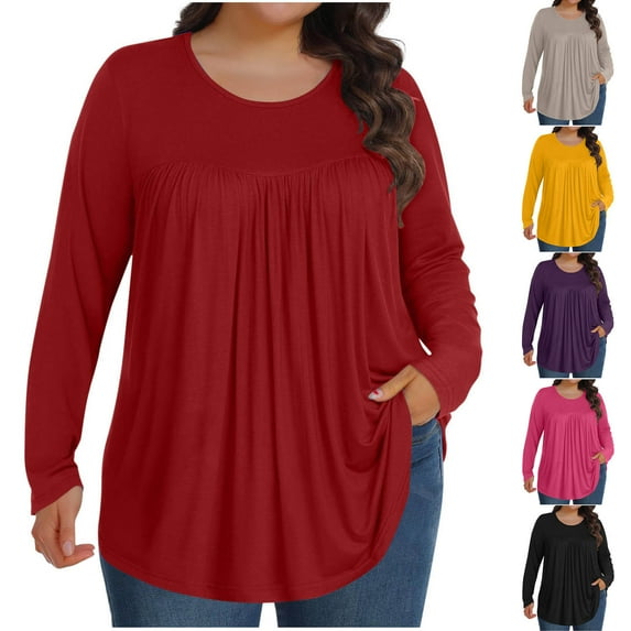 Hrsba Long Sleeved Round Neck Top Shirt Womens Solid Color Plus Size Ruched Long Sleeve Loose Casual Fall Winter Warm Blouse