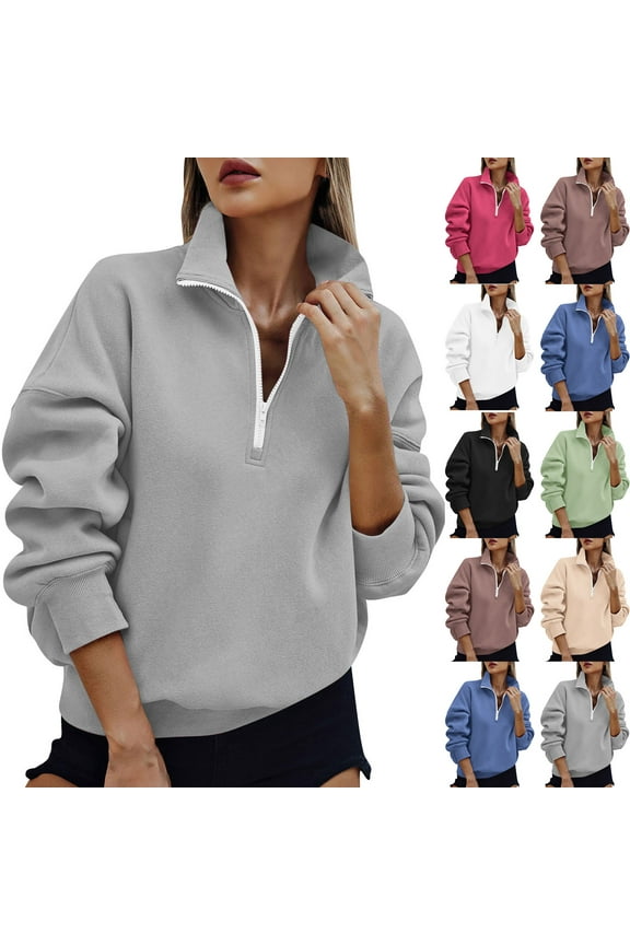 Long Sleeved Round Neck Top Shirt Womens Solid Color Zip Up Collared Pullover Loose Long Sleeve Casual Fall Winter Sweatshirt Blouse