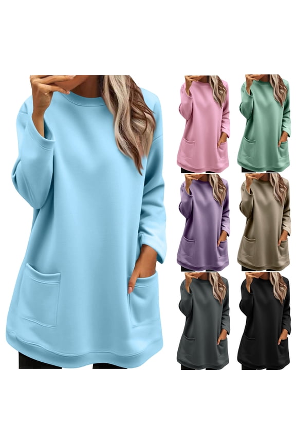 Long Sleeved Round Neck Top Womens Casual Long Sleeve Sweatshirt Solid Color Casual Long Sleeve Pocket Sweatshirt Loose Top for Winter Daily Wear