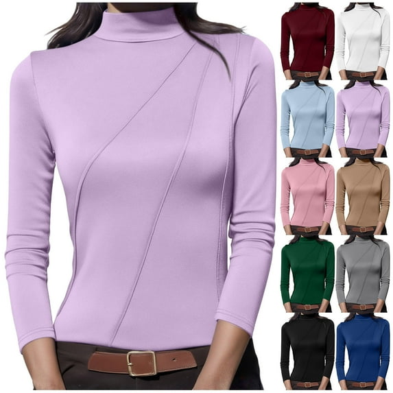 Hrsba Long Sleeved Round Neck Top Womens Casual Long Sleeve Sweatshirt Solid Color Thermal Fleece Base Layer Shirt for Winter Fall
