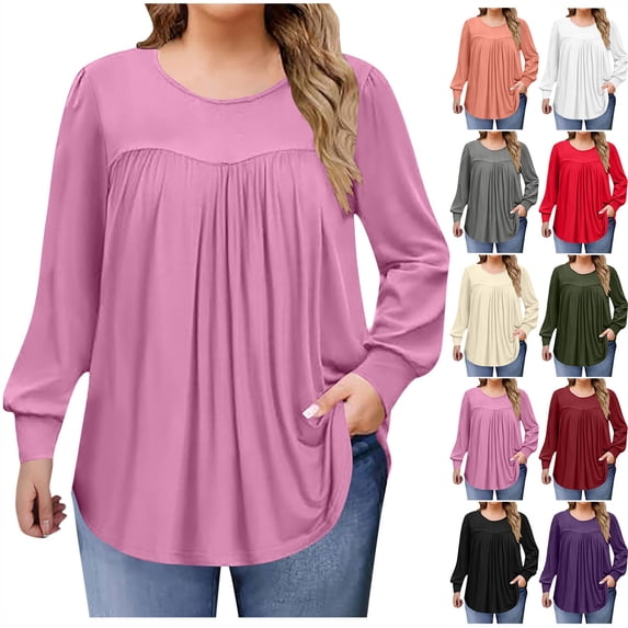 Hrsba Long Sleeved Round Neck Top Womens Casual Solid Color Shirt Comfortable Loungewear for Winter and Fall