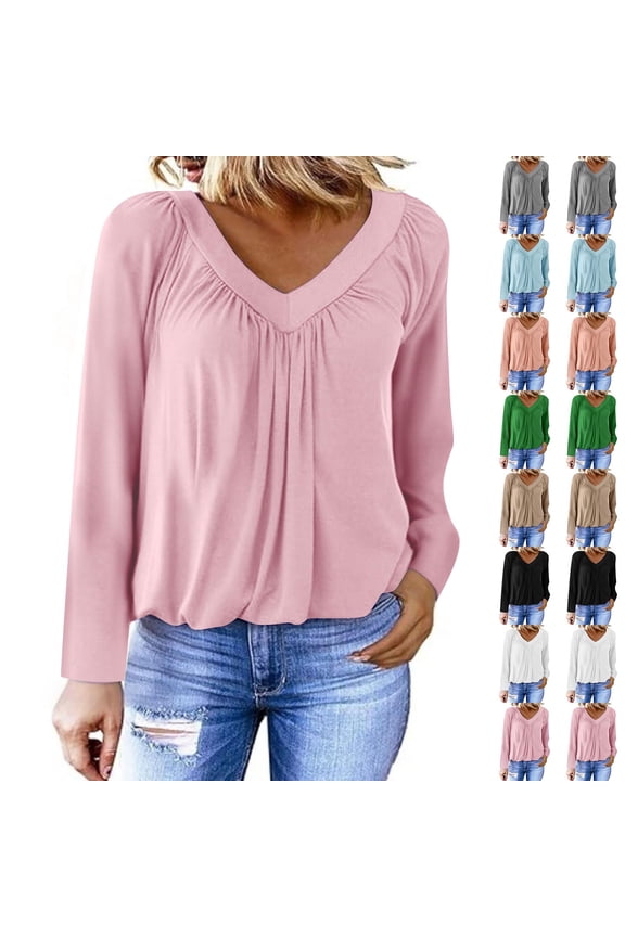 Long Sleeved Round Neck Top Womens Pocket Shirt Solid Color V Neck Long Sleeve Top with Ruffles and Raglan Sleeves Casual Winter Top