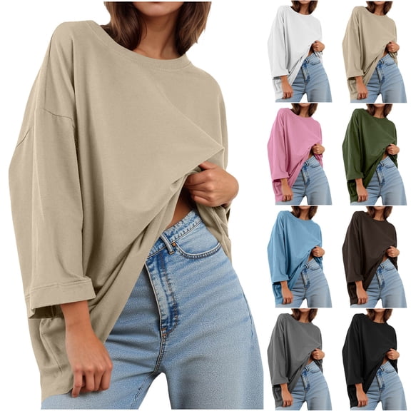 Hrsba Long Sleeved Round Neck Top Womens Winter Loose Sweatshirt Pocket Tops Solid Color Long Sleeve Pullover Shirt for Winter Fall