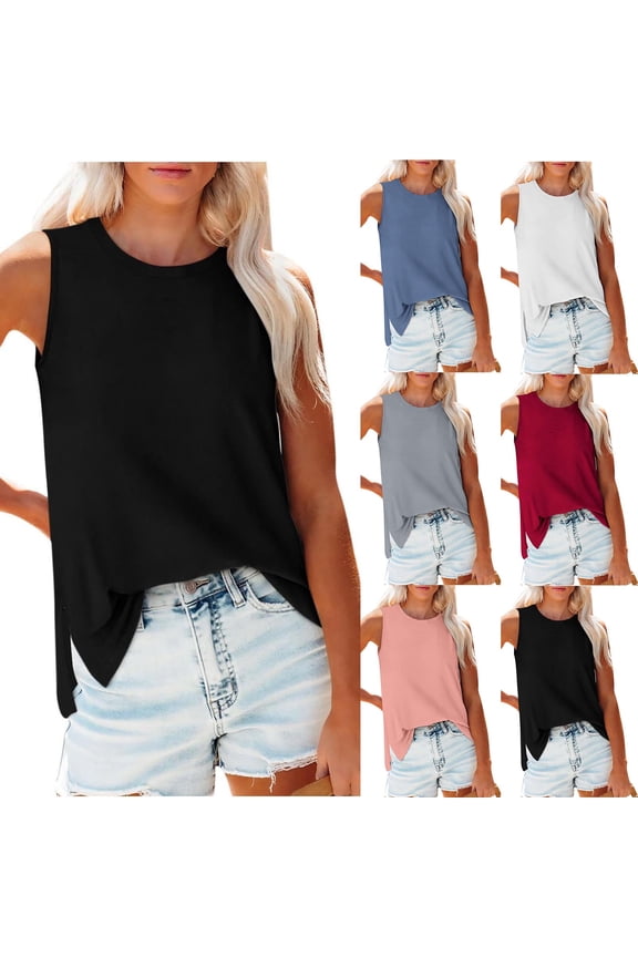Loose Crewneck Tank Tops for Women Solid Color Sleeveless Side Split Camisole Lightweight Airy Summer Casual Layering Tops