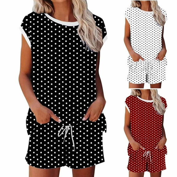 Hrsba Random Print Sleeveless Crew Neck Tops with Drawstring Pants 2 Piece Set for Women Summer Casual Beach Outfits