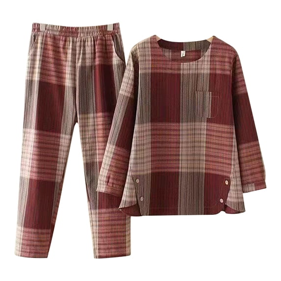 Hrsba Matching Set Women,Crew Neck Long Sleeve Plaid Print Patchwork Pockets Summer Casual 2 Piece Outfits