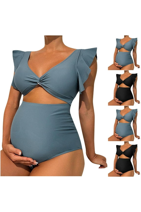 Maternity Outfits for Women V Neck SwimSuits Short Sleeve Solid Color Belly Support Bathing Suits for Summer Beach Wear