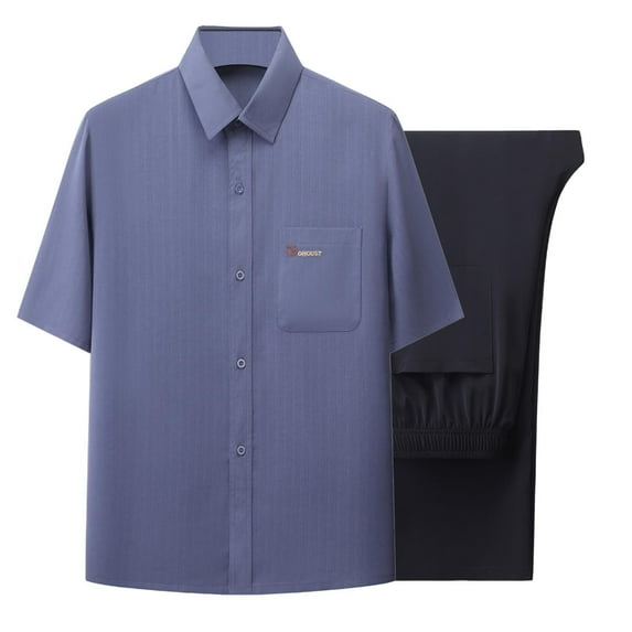 Hrsba Men 2 Piece Outfits Set, Solid Color Lapel Short Sleeve Tee and Long Pants Summer Daily Wear Set