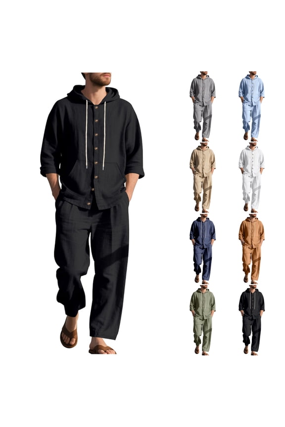 Men 2 Piece Outfits Set, Solid Color Linen Button Hooded Pocket Long Sleeve Shirt and Pants Summer Beach Set