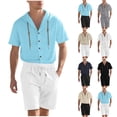 thumbnail image 1 of Hrsba Solid Color Linen Button Down Short Sleeve Hooded Shirt Shorts Summer Beach Fashion Mens Casual 2 Piece Set, 1 of 5