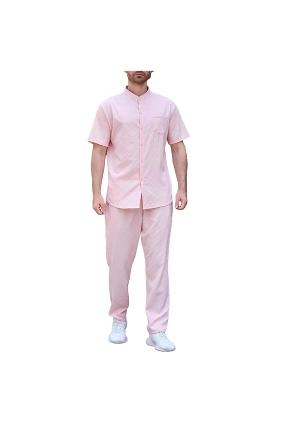Short Sleeve Mandarin Collar Top and Long Pants Solid Color Summer Men Tracksuits Set