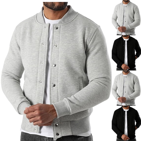 Hrsba Men Collared Jacket Long Sleeve Solid Color Stand Collar Button Pocket Outerwear Casual Jacket