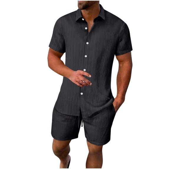 Hrsba Men Outfits 2 Piece Set, Solid Color Lapel Short Sleeve and Drawstring Elastic Waist Summer Fashion Daily Set
