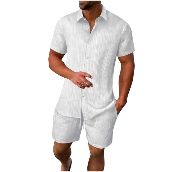 Hrsba Men Outfits 2 Piece Set, Solid Color Lapel Short Sleeve and Drawstring Elastic Waist Summer Fashion Daily Set