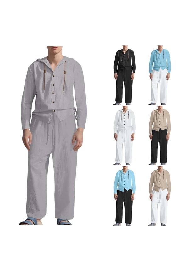 Men Outfits 2 Piece Set, Solid Color Linen Button Long Sleeve Hooded Cardigan Shirt and Pants Summer Beach Set