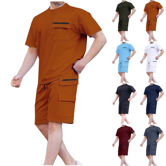 Hrsba Men Tracksuits 2 Piece Set, Loose Pocket Stretch Waist Drawstring Shorts and Zipper Pocket Crew Neck Tee Summer Set