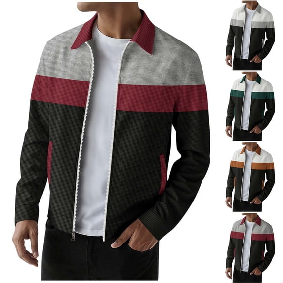 Hrsba Men Zip Up Jacket Long Sleeve Color Block Collared Waffle Knit Jacket
